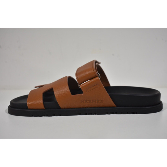 Hermes Chypre Sandal Natural Brown Gold Black H Logo Slide Slip On Flat 37.5 - Picture 8 of 12